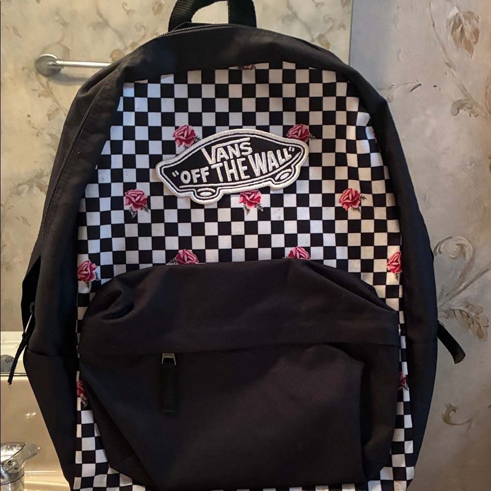 Vans Black and White Checkered Backpack with Red Accents